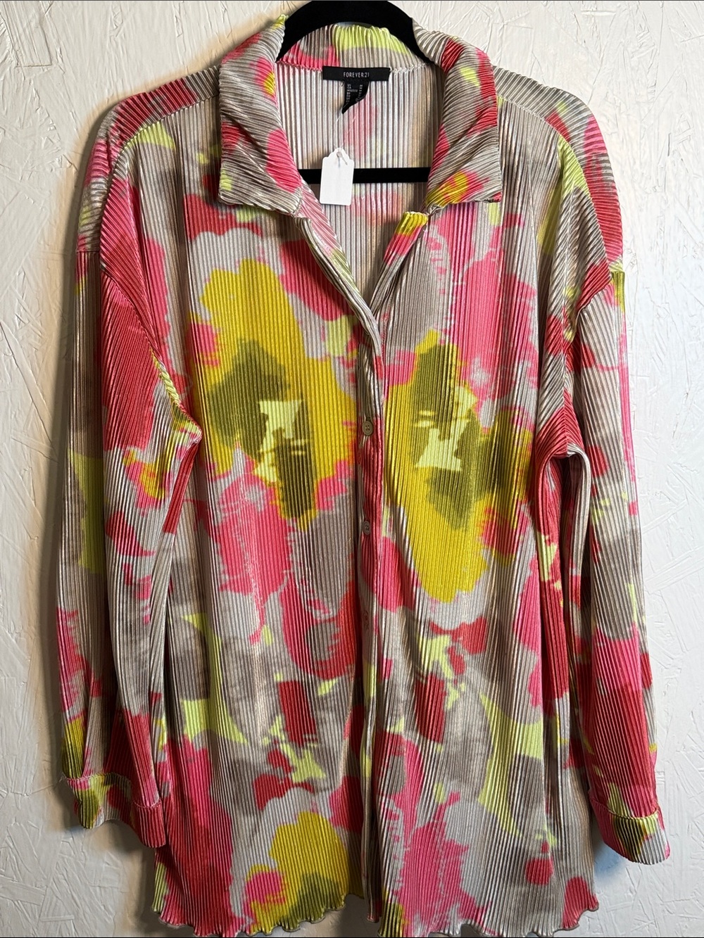 Forever 21 Taupe Button-Front Top with Pink & Yellow Floral Print (oversized)